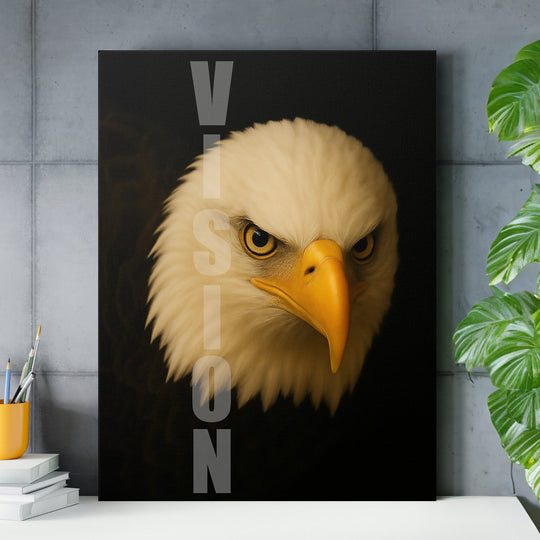 Motivational wall art with a detailed eagle head and vertical VISION text in a modern office.