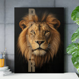 Motivational lion wall art with POWER text in an office, modern wall art with a plant and pencil holder.