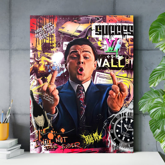 Pop art motivational wall art with a man in a suit, luxury car, watch, bull and graffiti “success” text