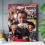 Wolf of Wall Street motivational pop art canvas print in a living room with money, sports car and bull motifs