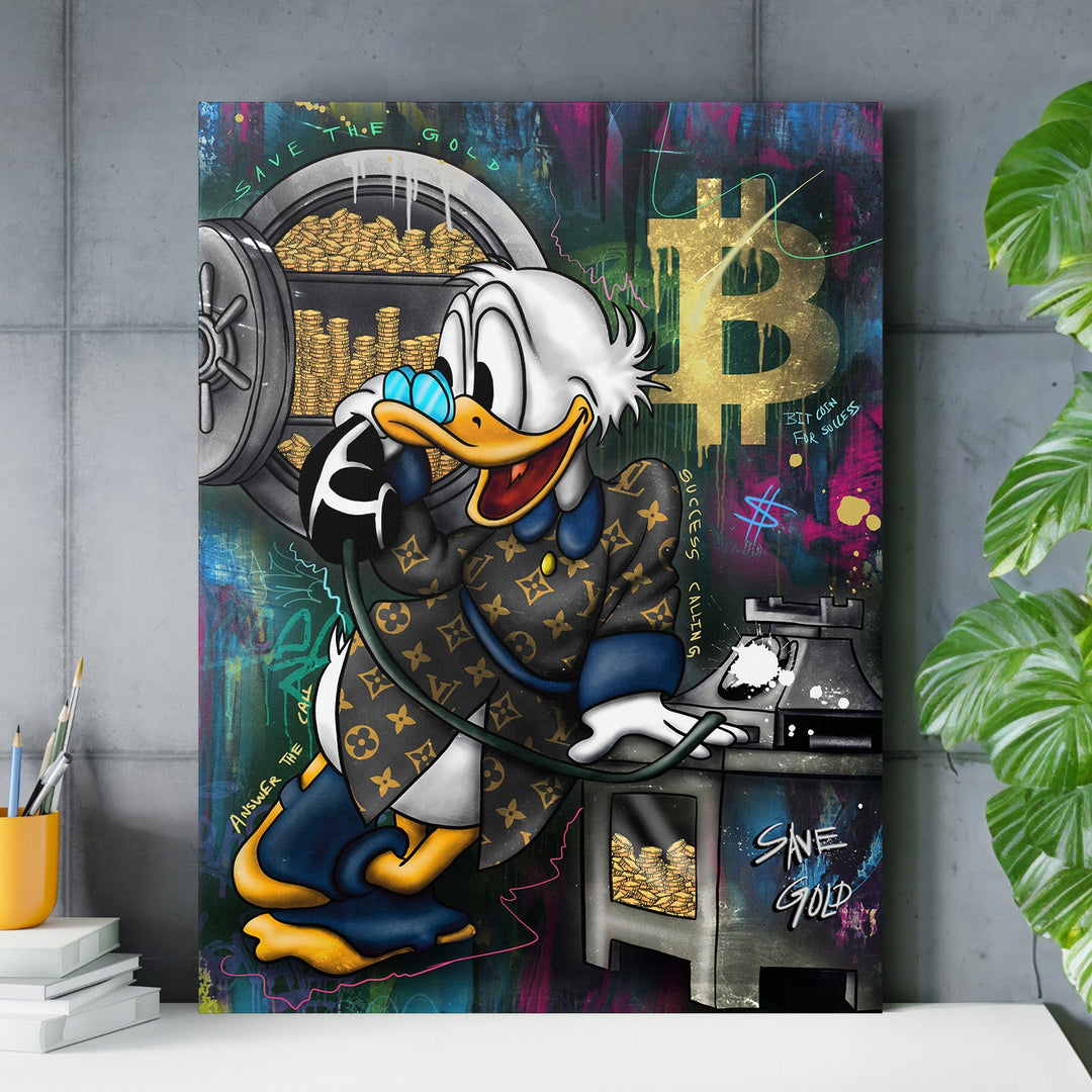 Motivational canvas print with pop art Scrooge McDuck, Bitcoin, a gold safe and graffiti in a modern study