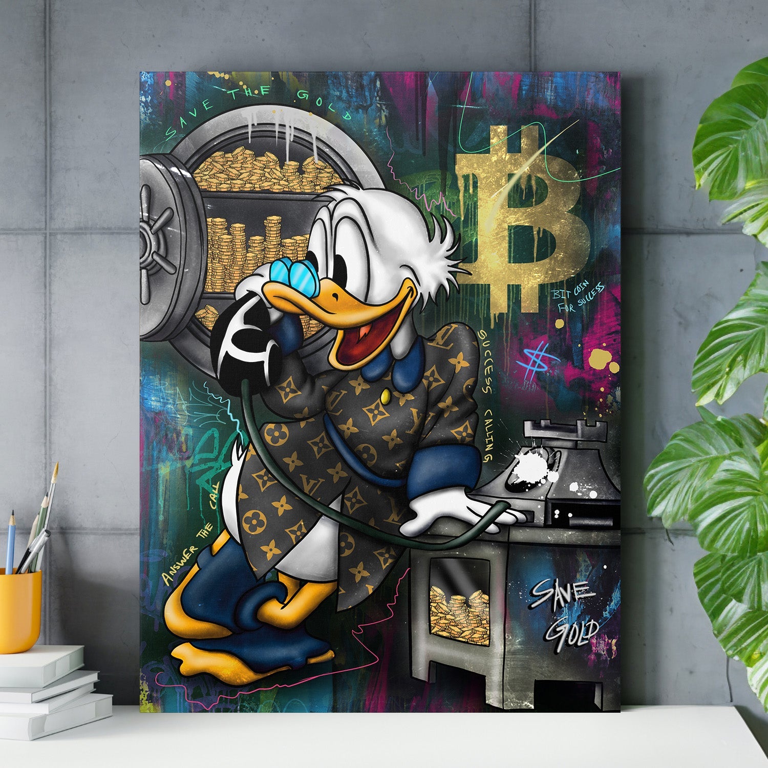Motivational canvas print with pop art Scrooge McDuck, Bitcoin, a gold safe and graffiti in a modern study