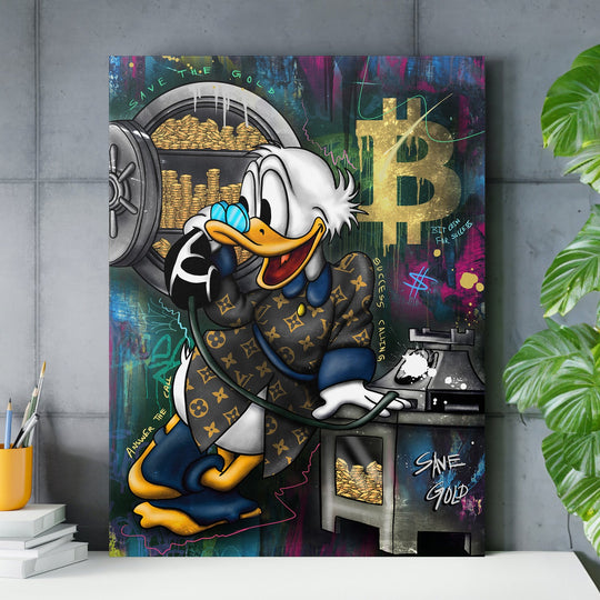 Motivational canvas print with pop art Scrooge McDuck, Bitcoin, a gold safe and graffiti in a modern study