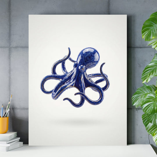 Motivational pop art canvas print with a blue octopus and gold details in a modern office