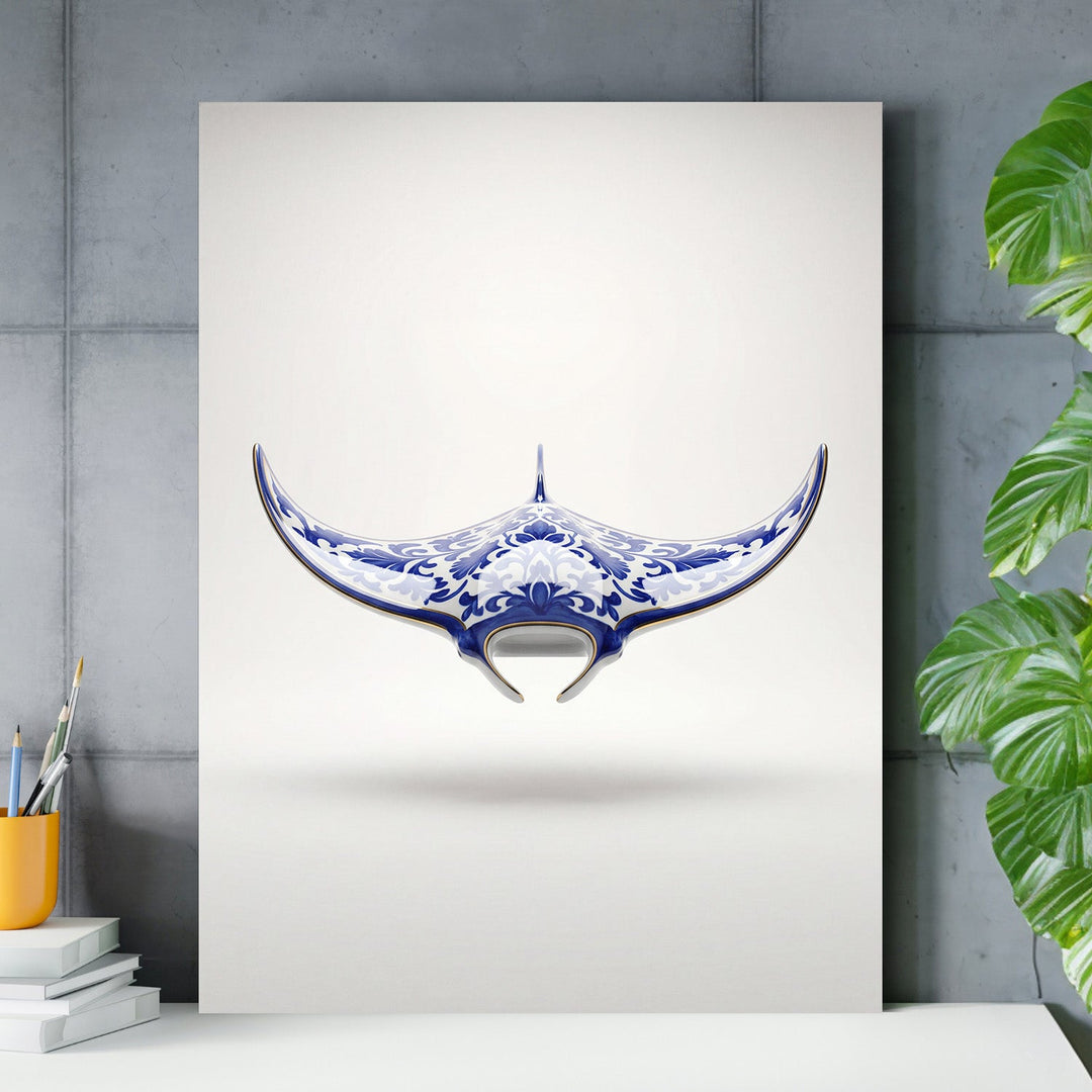Motivational canvas print with a blue-and-white ornamental stingray on a white wall in a modern office