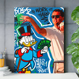 Motivational wall art for an office with Scrooge McDuck, money and the graffiti text “Work Hard”
