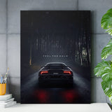 Motivational wall art with a black Lamborghini on a night forest road and the text “Feel the Calm”