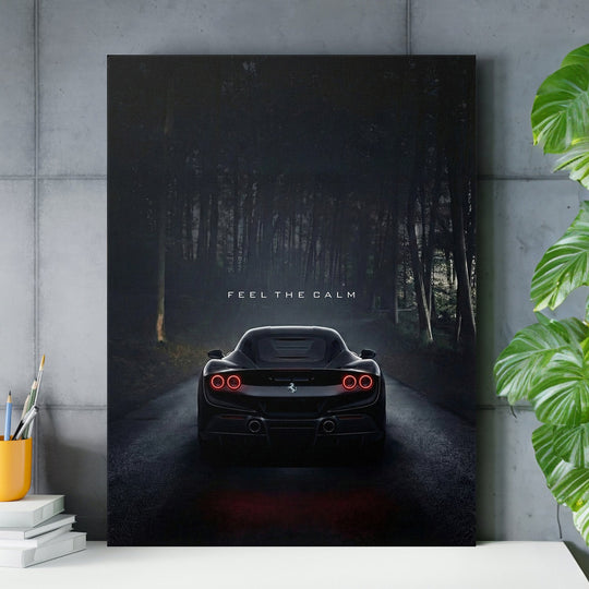 Luxury wall art with black sports car on night forest road and text Feel the calm