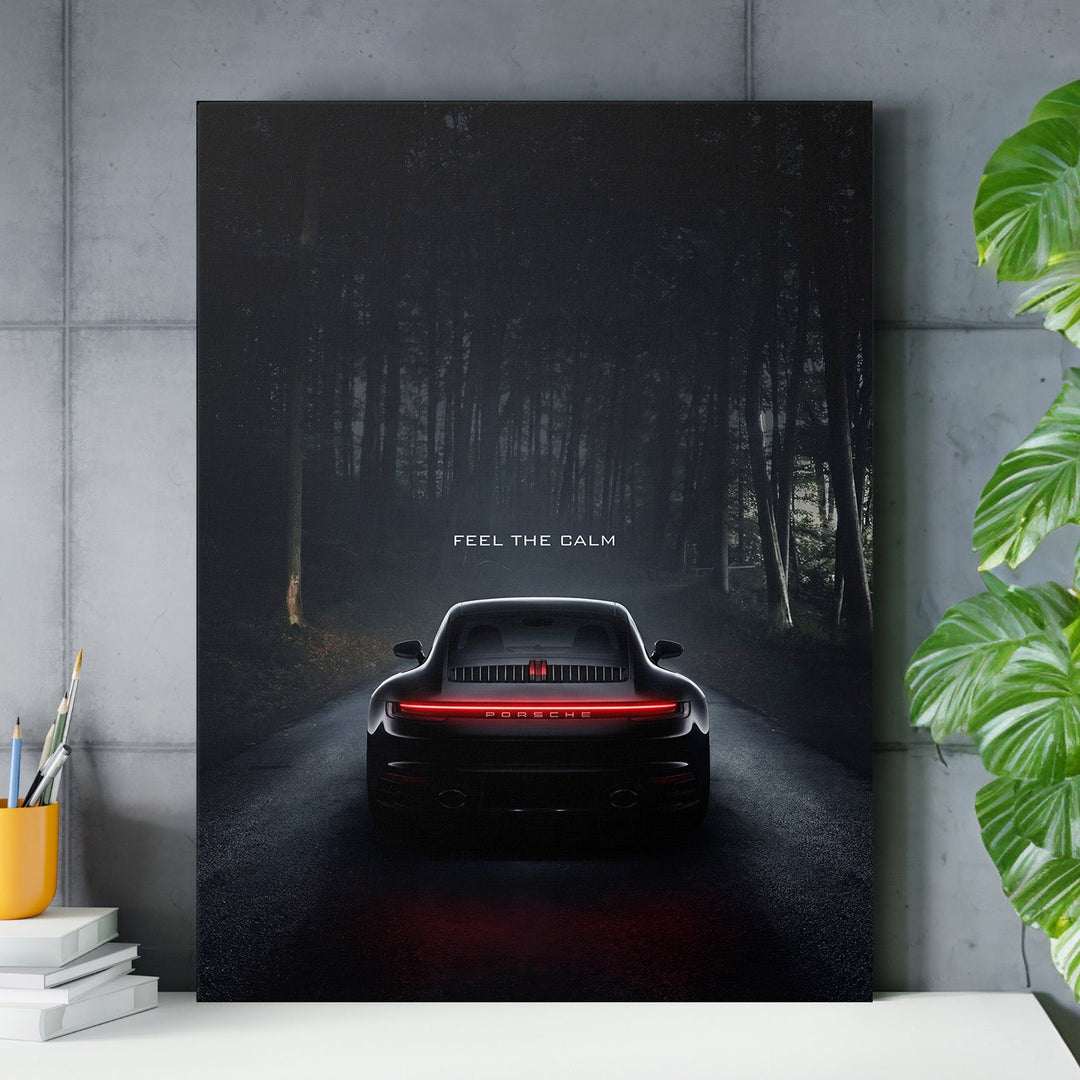 Motivational wall art with luxury sports car in night forest and quote "Feel the calm"