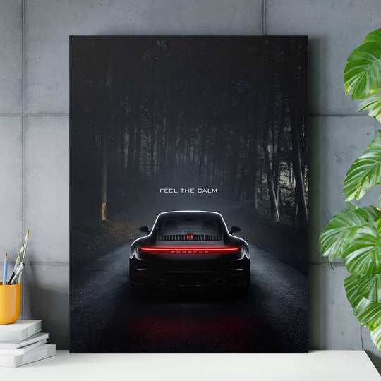 Motivational wall art with luxury sports car in night forest and quote "Feel the calm"