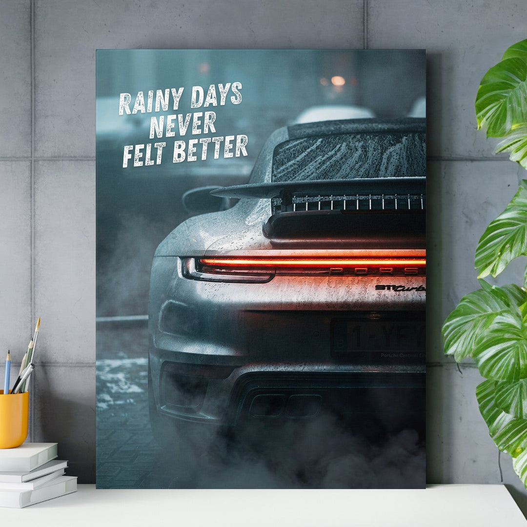 Luxury canvas wall art above a work desk with sports car in rain a English motivational quote