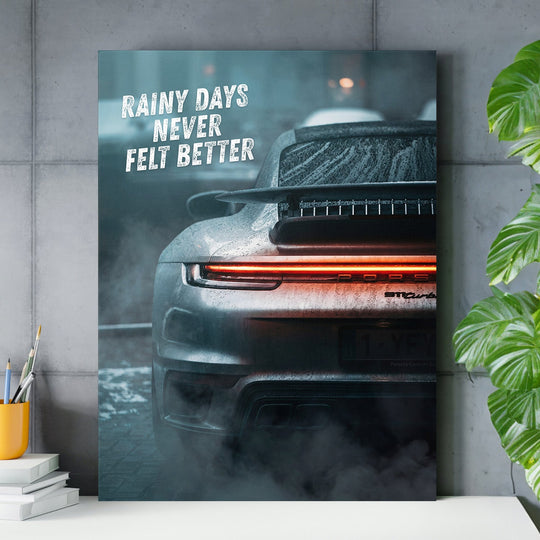 Luxury canvas wall art above a work desk with sports car in rain a English motivational quote