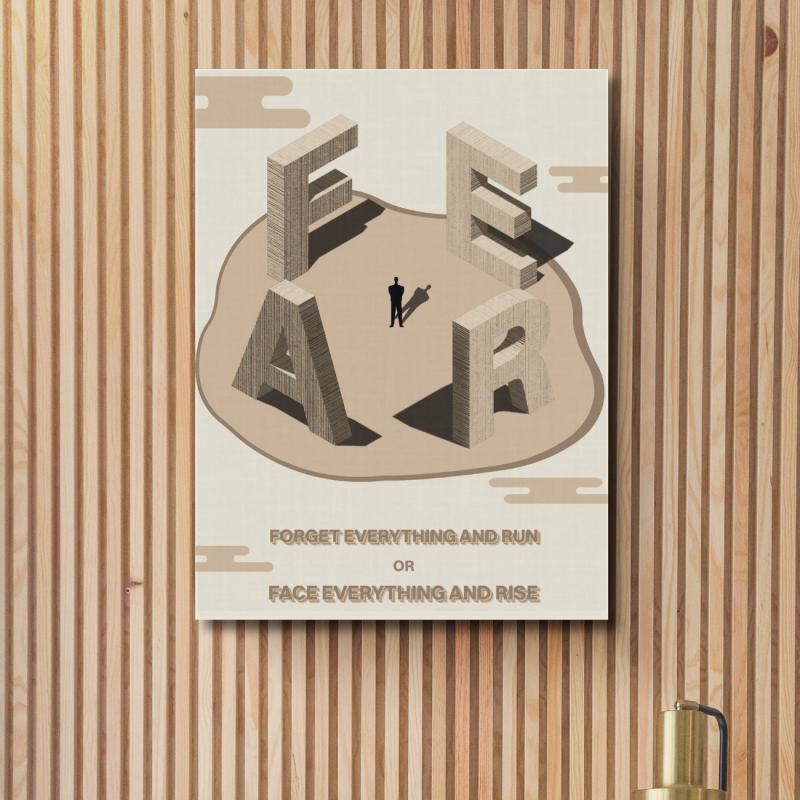 Motivational office wall art with wooden 3D FEAR letters around a male silhouette and an inspirational quote.