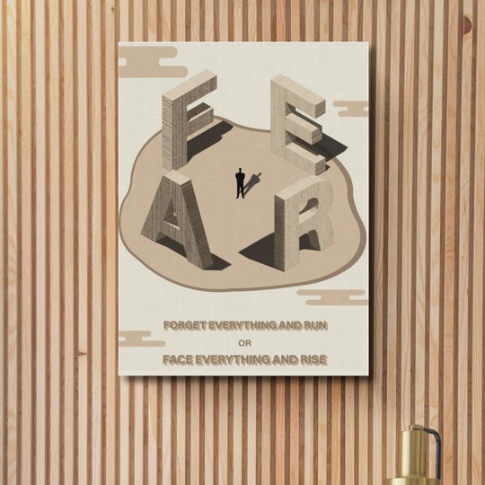 Motivational office wall art with wooden 3D FEAR letters around a male silhouette and an inspirational quote.