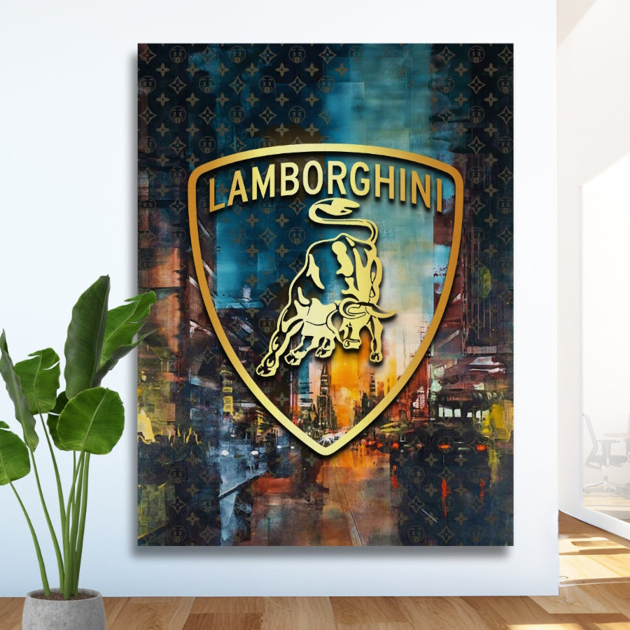 Motivational pop art wall art with a golden bull and abstract silhouetted city in the background.