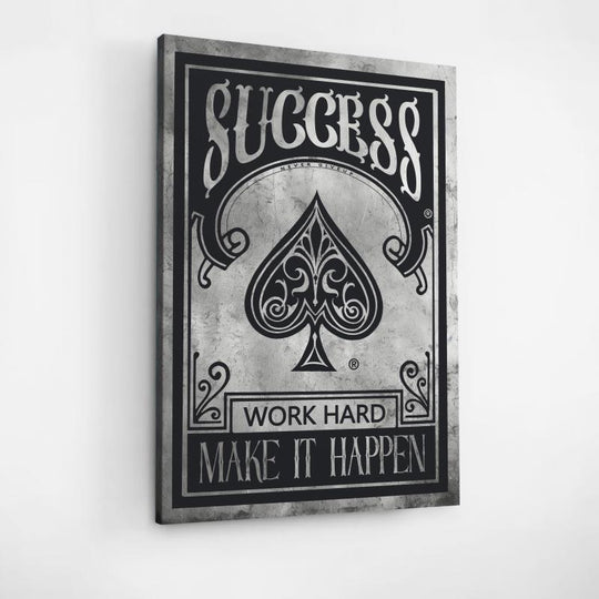 Motivational canvas wall art with the quote “Success, Work Hard, Make It Happen,” success-themed office decor.