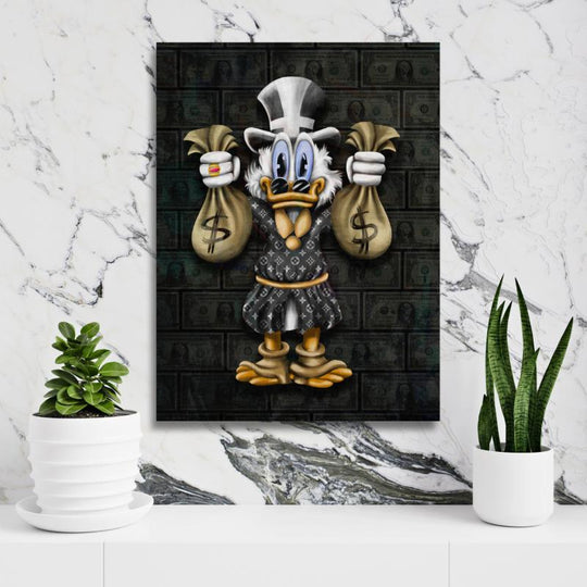 Motivational pop art wall art with Scrooge McDuck and money bags on a dollar background in a modern interior.