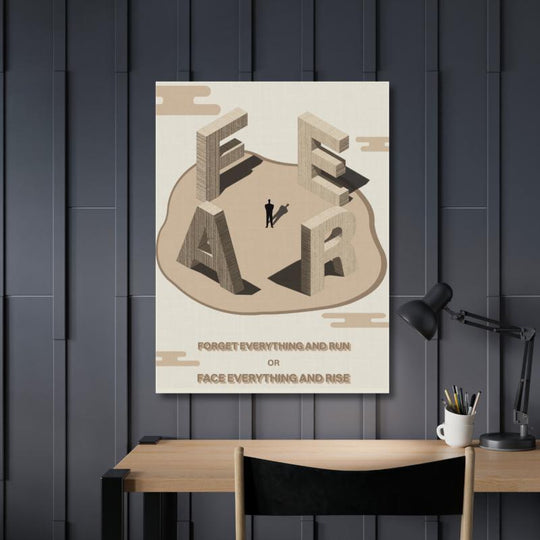 Motivational office wall art with 3D wooden FEAR lettering and a minimalist figure silhouette.