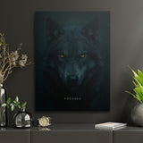 Motivational canvas wall art with a detailed black wolf and yellow eyes as a dominant feature of an office.