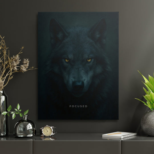Motivational canvas wall art with a detailed black wolf and yellow eyes as a dominant feature of an office.