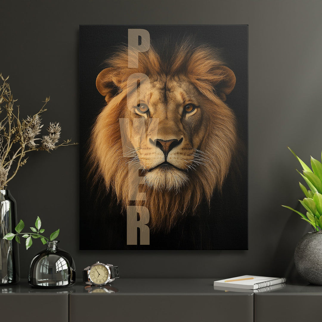 Motivational canvas wall art with a realistic lion head on a dark background and bold POWER text.
