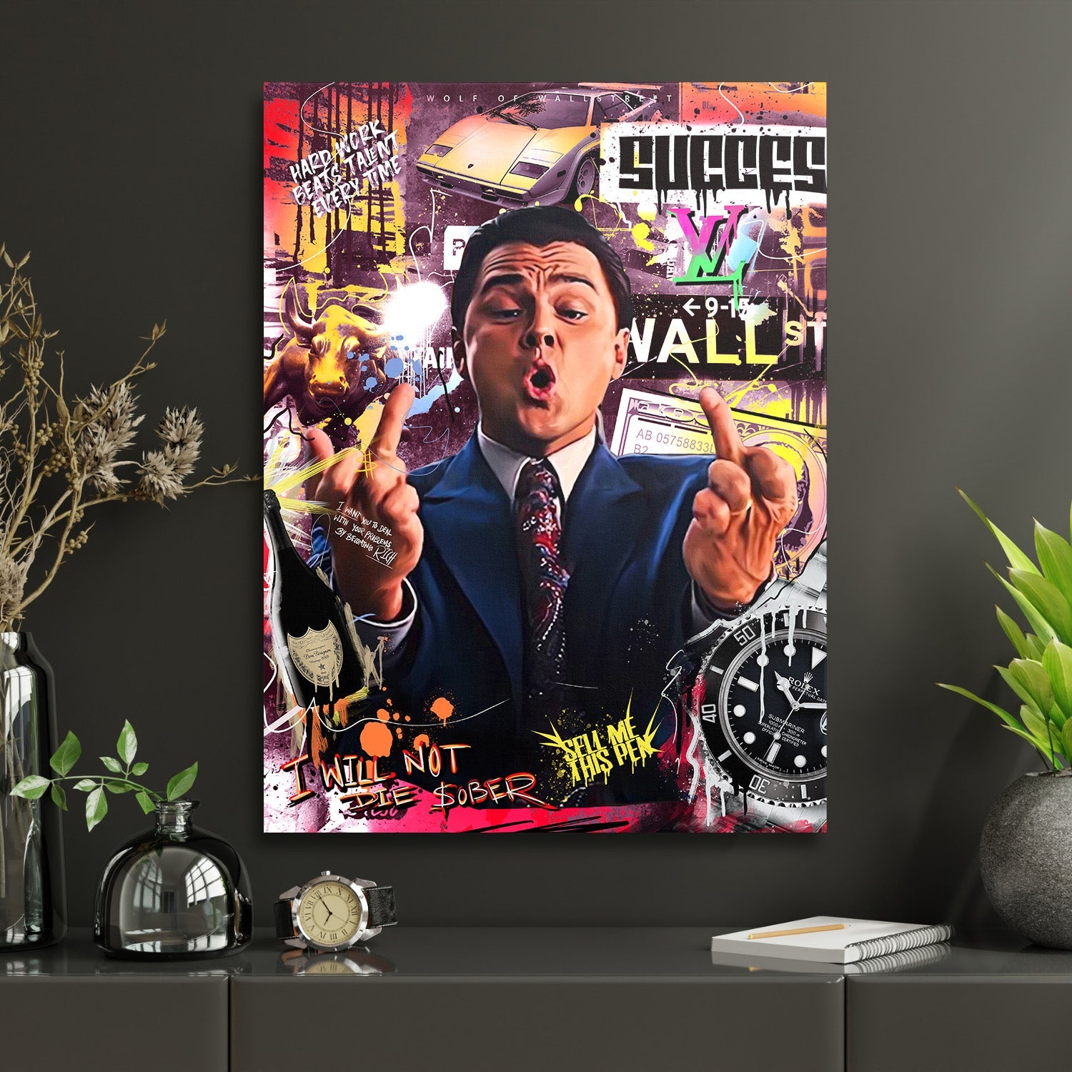 Motivational pop art wall art with a Wall Street figure, sports car, luxury watch and graffiti style