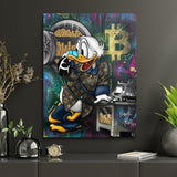 Luxury pop art wall art with Donald Duck opening a safe full of gold coins and bitcoins, wealth motivation theme