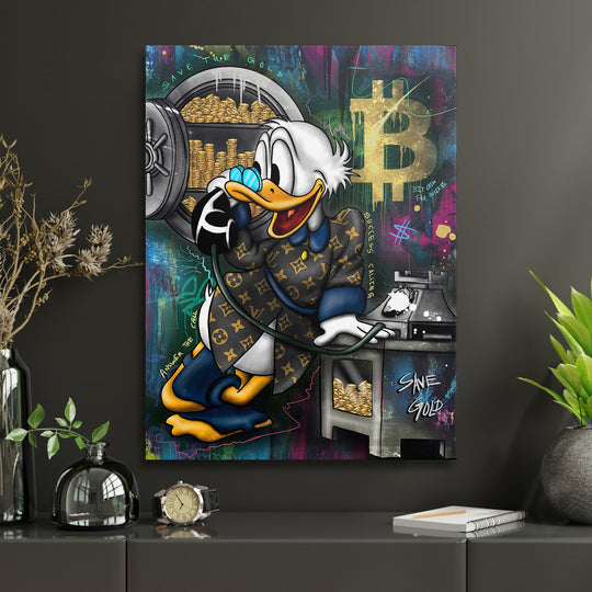Luxury pop art wall art with Donald Duck opening a safe full of gold coins and bitcoins, wealth motivation theme