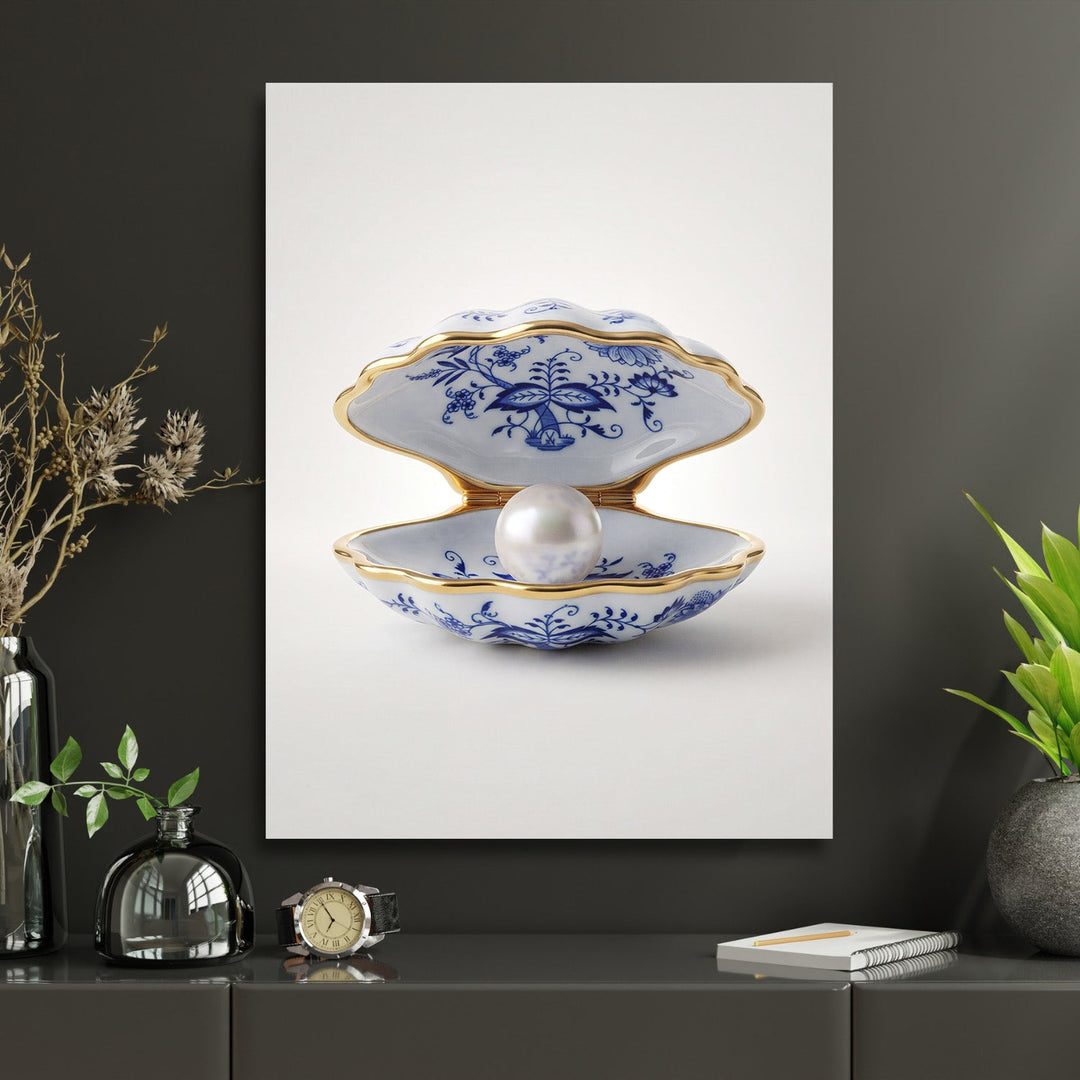 Motivational office wall art with a blue-and-white porcelain scallop shell and pearl in a modern minimalist design