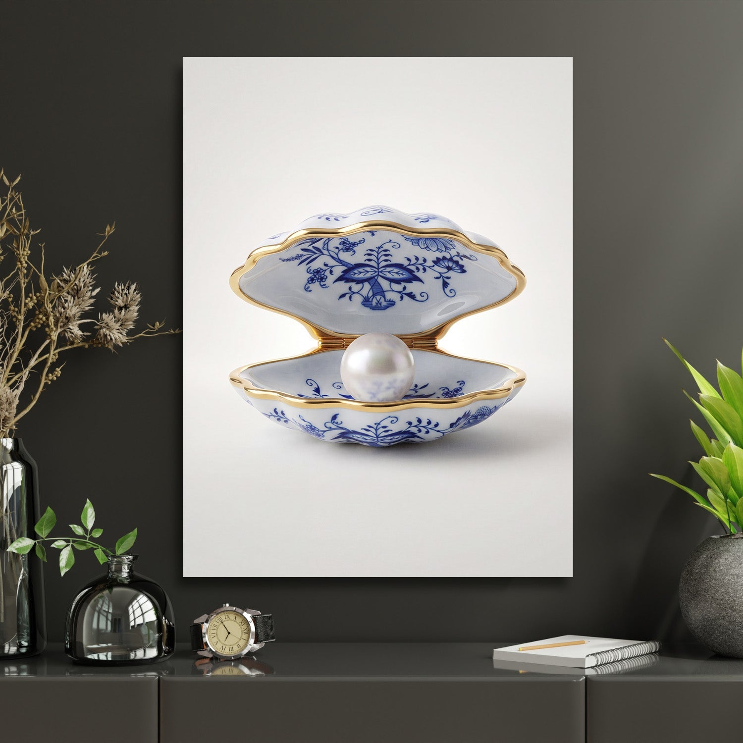 Motivational office wall art with a blue-and-white porcelain scallop shell and pearl in a modern minimalist design