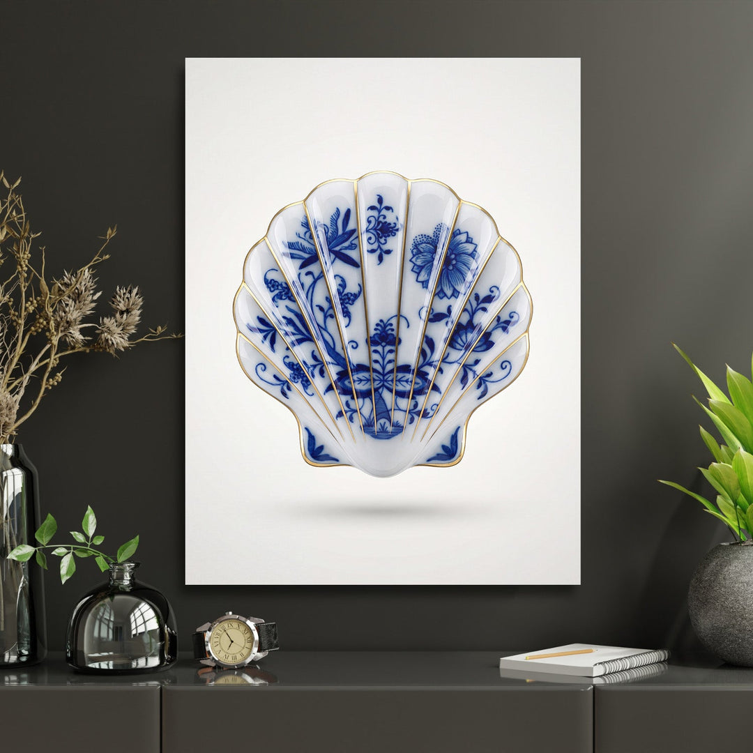 Modern canvas print with a blue-and-white porcelain shell as lifestyle decor for a home office with flowers