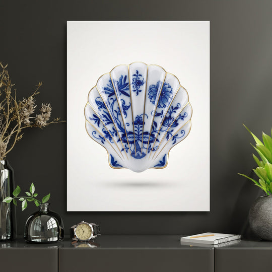 Modern canvas print with a blue-and-white porcelain shell as lifestyle decor for a home office with flowers
