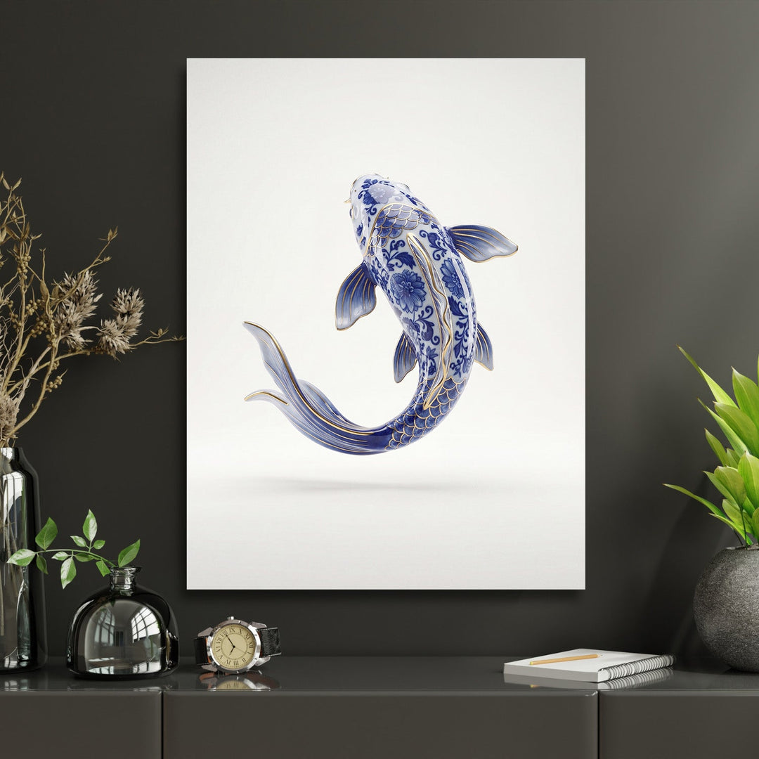 Motivational wall art with a blue-and-white porcelain carp above a wooden dresser in a modern home office