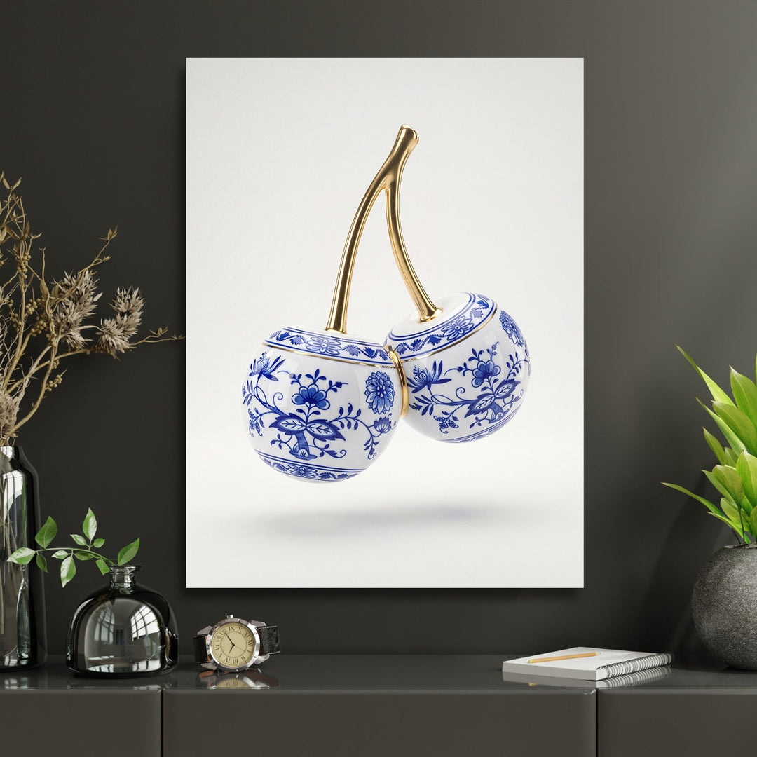 Luxury wall art with porcelain cherries in a blue-and-white ornament and gold stems, modern lifestyle design