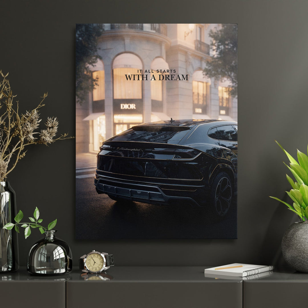 Luxury motivational canvas print with a black Lamborghini in front of a Dior boutique and an inspirational quote