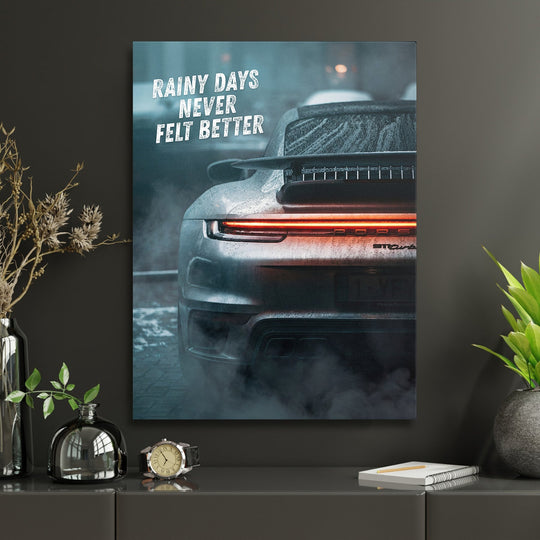 Motivational wall art for a modern home office, detail wet rear light Porsche with quote about rain