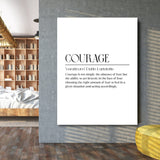 Motivational wall art with a minimalist quote about courage on a concrete wall next to a bookcase