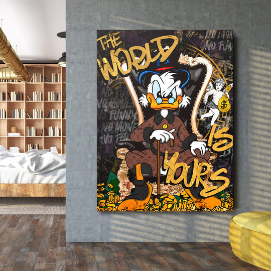 Motivational pop art canvas print with McDuck on a gold throne and money motif in a living room