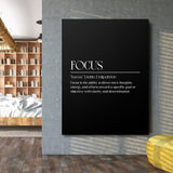 FOCUS motivational canvas print with a black minimalist background, white typography and text about concentration