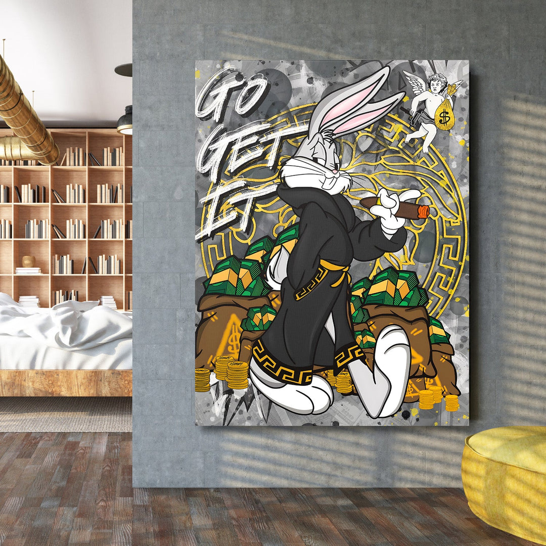 Motivational wall art with Bugs Bunny in a luxury robe, money theme and pop art text “GO GET IT”.