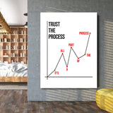 Motivational canvas print for a living room with a minimalist chart and the quote “Trust the Process”
