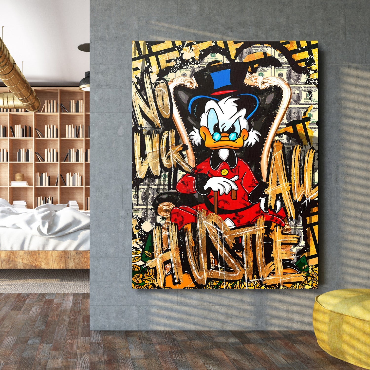 Pop art wall art of Scrooge McDuck with money graffiti and gold accents as motivational art for a modern interior