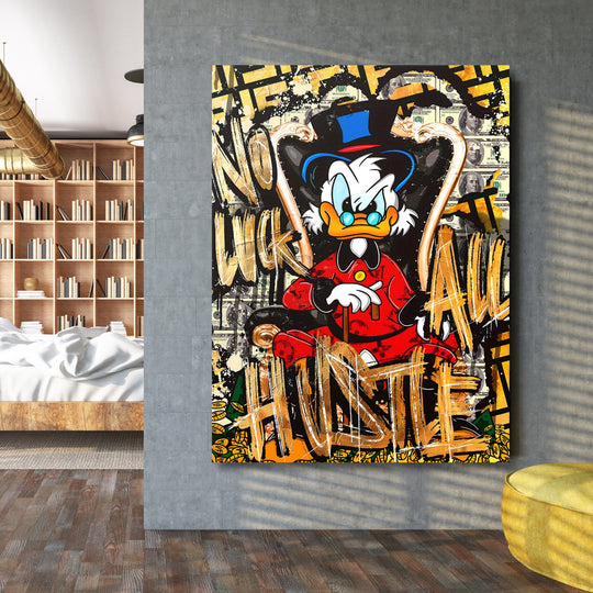 Pop art wall art of Scrooge McDuck with money graffiti and gold accents as motivational art for a modern interior