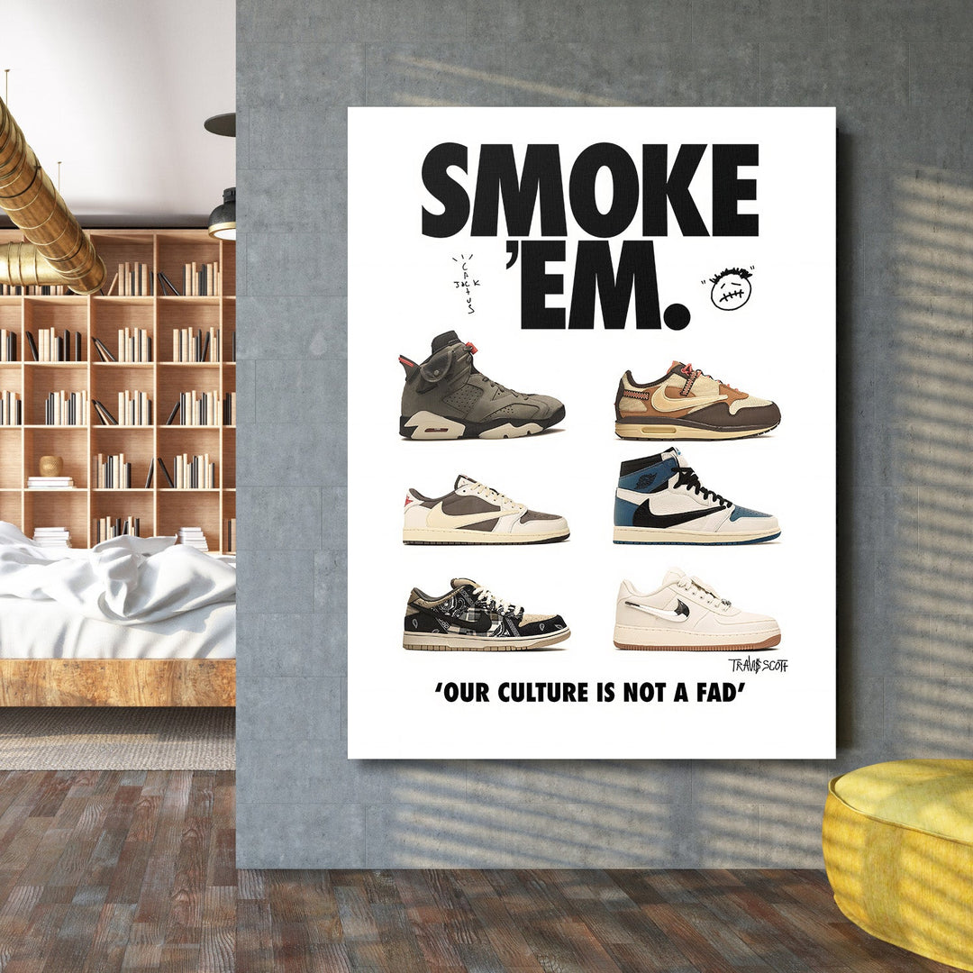 Pop art wall art with six streetwear sneakers and “Smoke ’Em” text in a living room