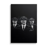 Motivational canvas wall art with a minimalist black-and-white street art sketch of three figures.