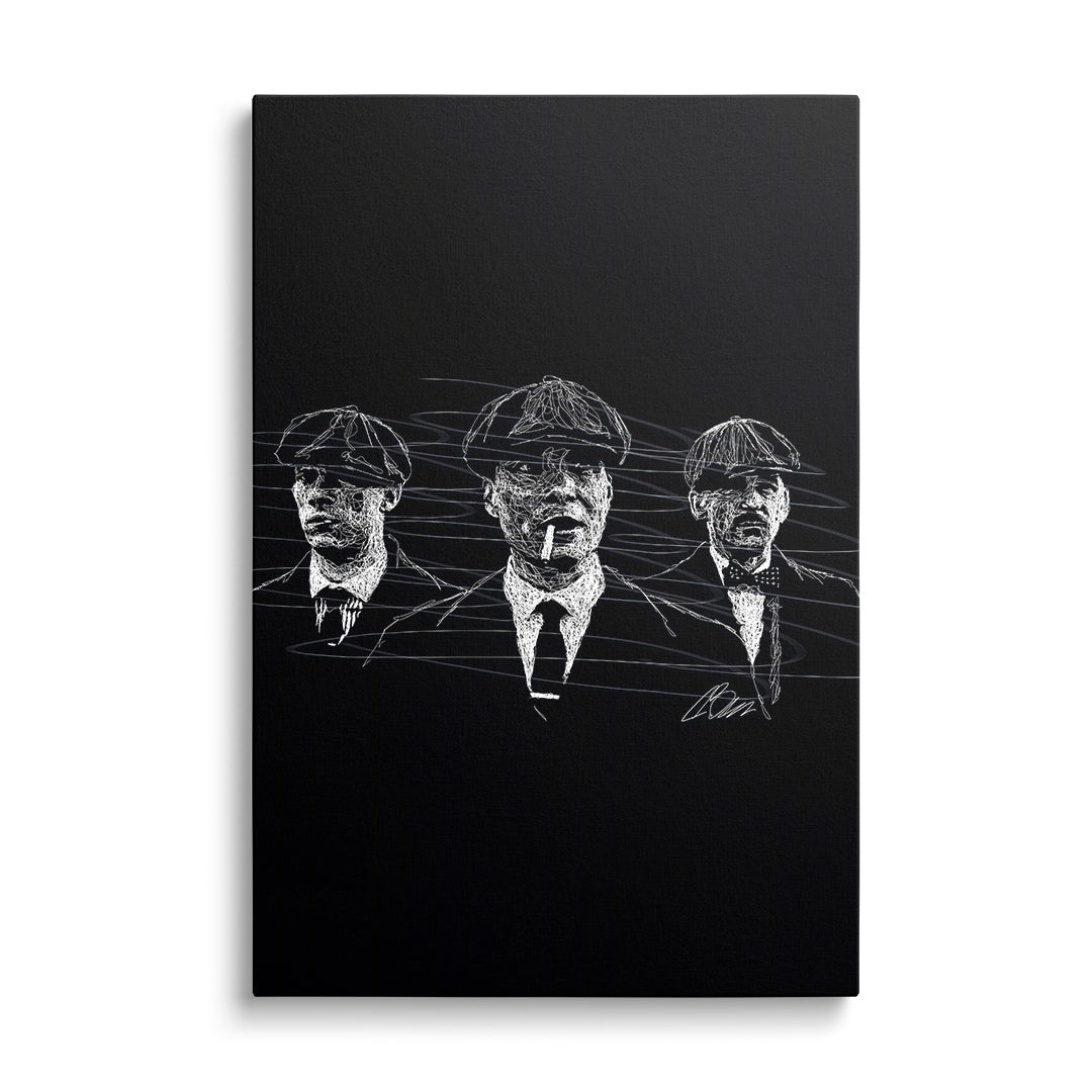 Motivational canvas wall art with a minimalist black-and-white street art sketch of three figures.