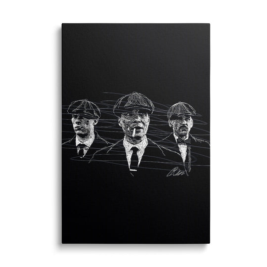 Motivational canvas wall art with a minimalist black-and-white street art sketch of three figures.