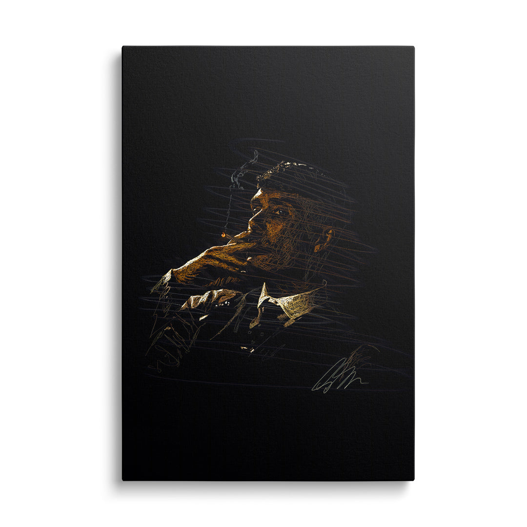 Luxury wall art with a minimalist gold sketch of a man in a hat holding a glowing cigarette on a black background.