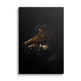 Luxury wall art with a minimalist gold sketch of a man in a hat holding a glowing cigarette on a black background.
