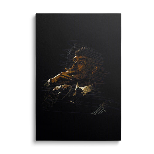 Luxury wall art with a minimalist gold sketch of a man in a hat holding a glowing cigarette on a black background.